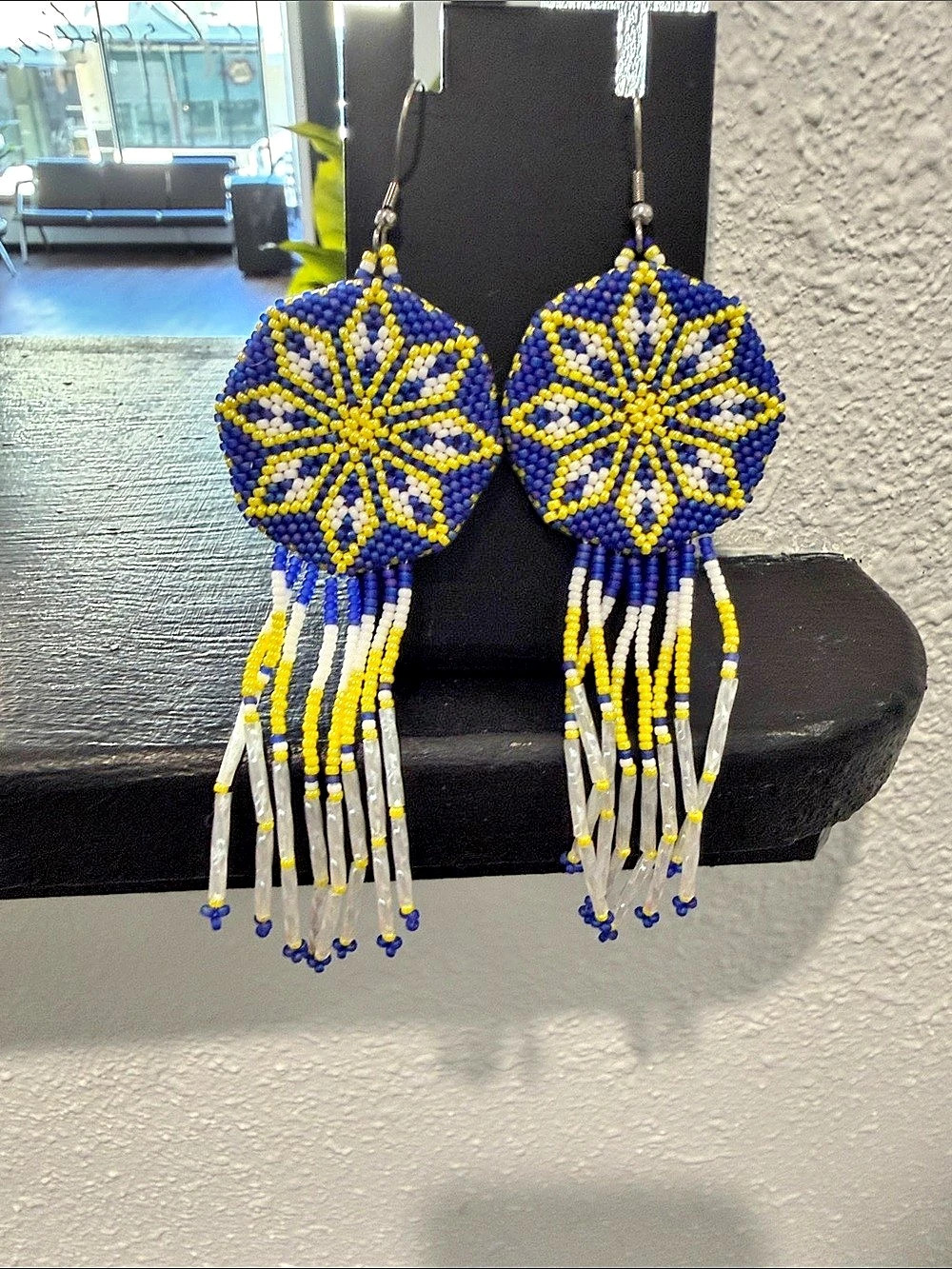 Native Hand Beaded Fringe Earrings in Blue & Yellow